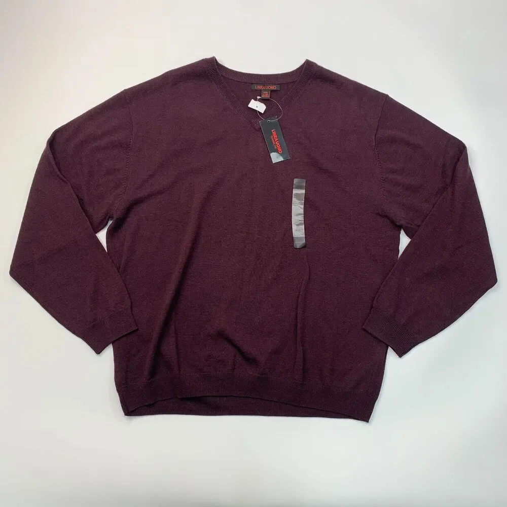Linea Uomo Wool Blend Sweater Mens 2XL XXL Maroon Knit Classic Fit V Neck New